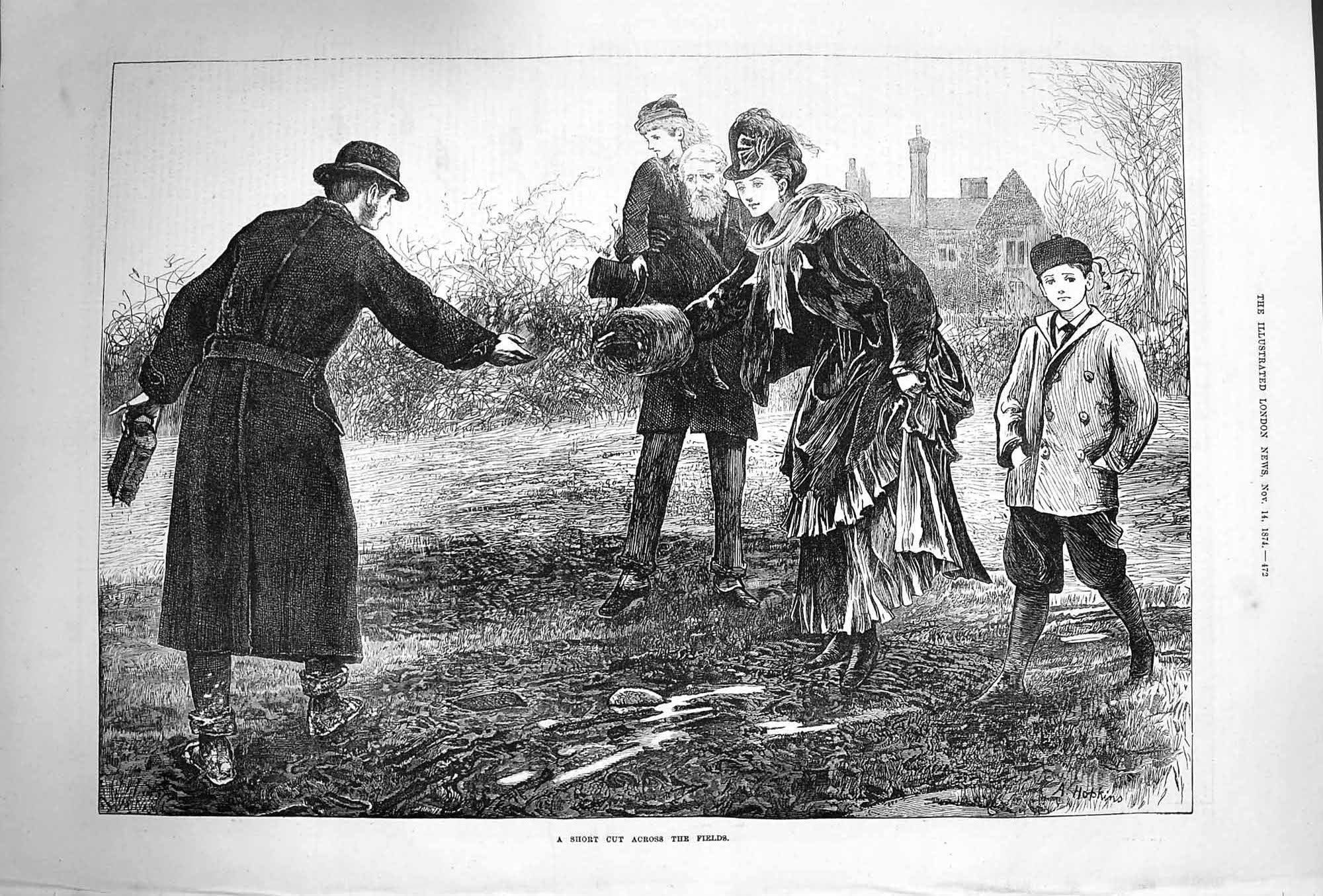 Old Antique Print 1874 Short Cut Across Muddy Fields Family Countryside 19th