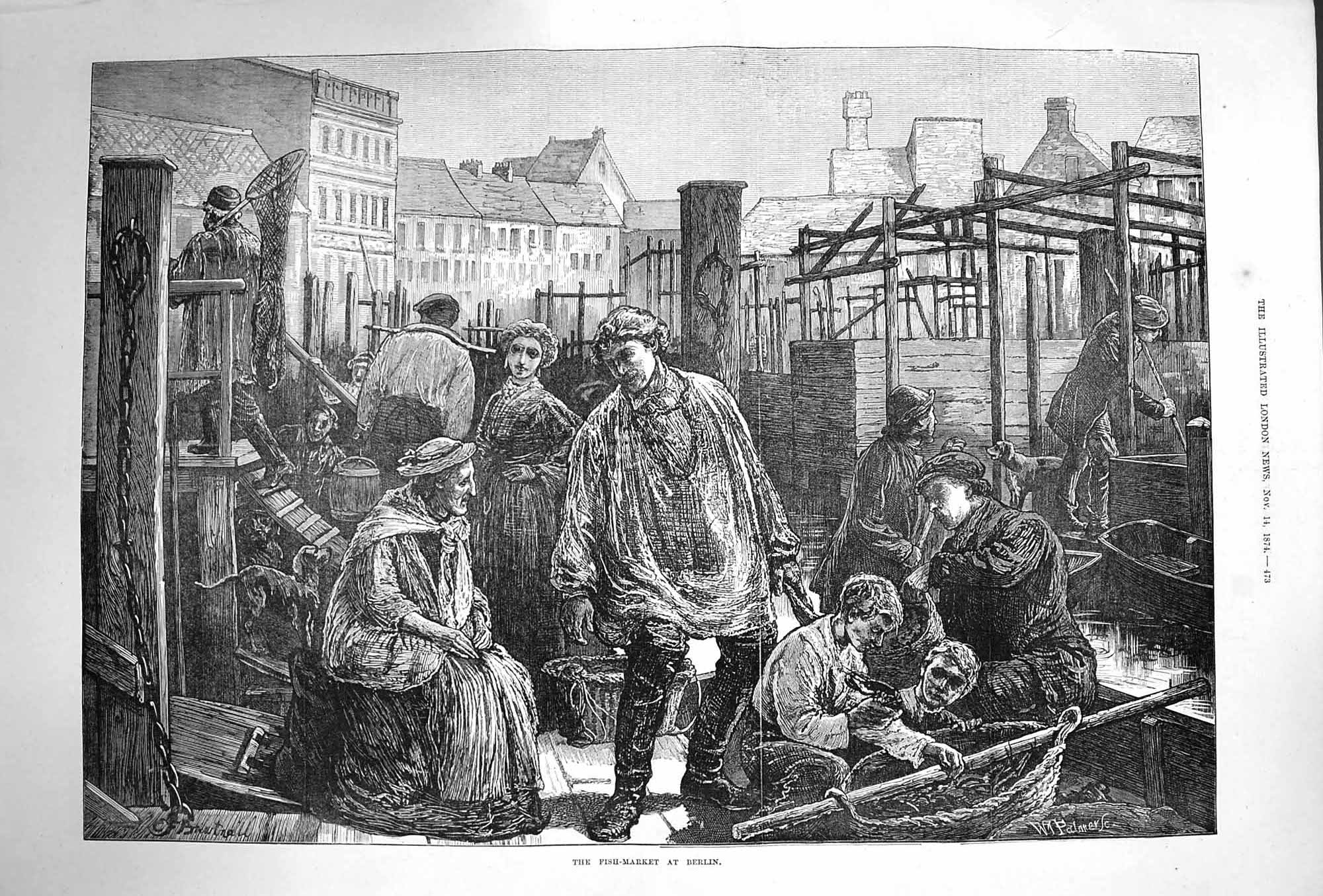 Original Old Antique Print 1874 Fish Market Berlin Fishing Baskets Fine Art