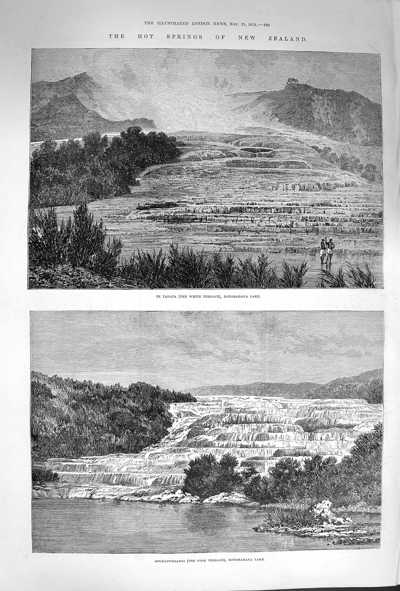 Original Old Antique Print 1874 Hot Springs New Zealand Tarata Rotomaha 19th