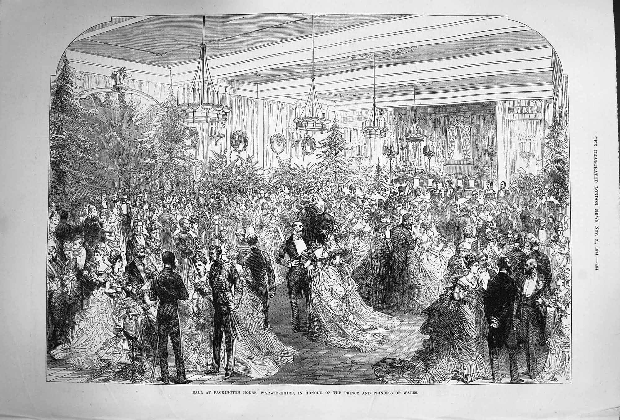 Original Old Antique Print 1874 Ball Packington House Warwickshire Princ 19th