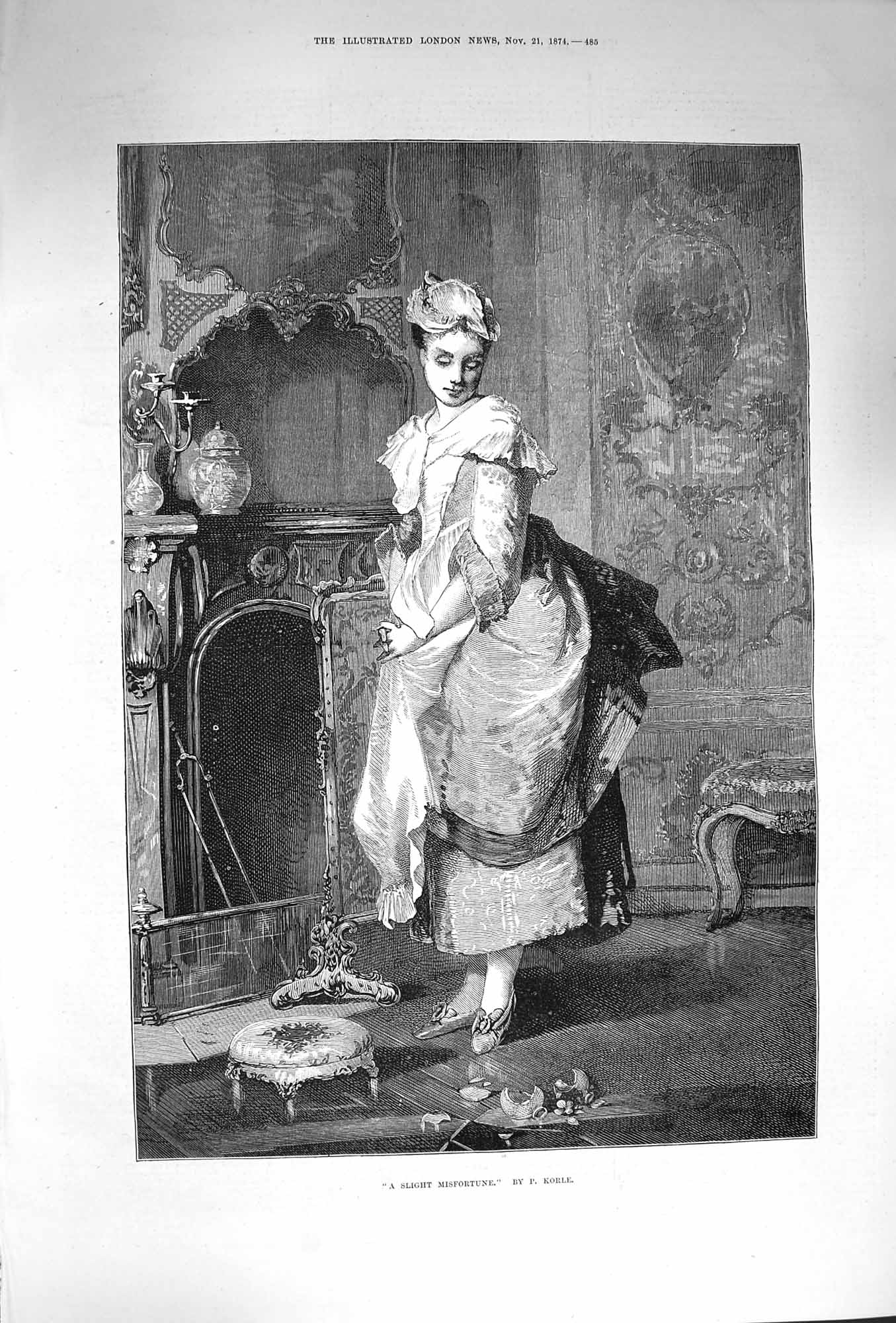 Original Old Antique Print 1874 Slight Misfortune Lady Broken Vase Korle 19th