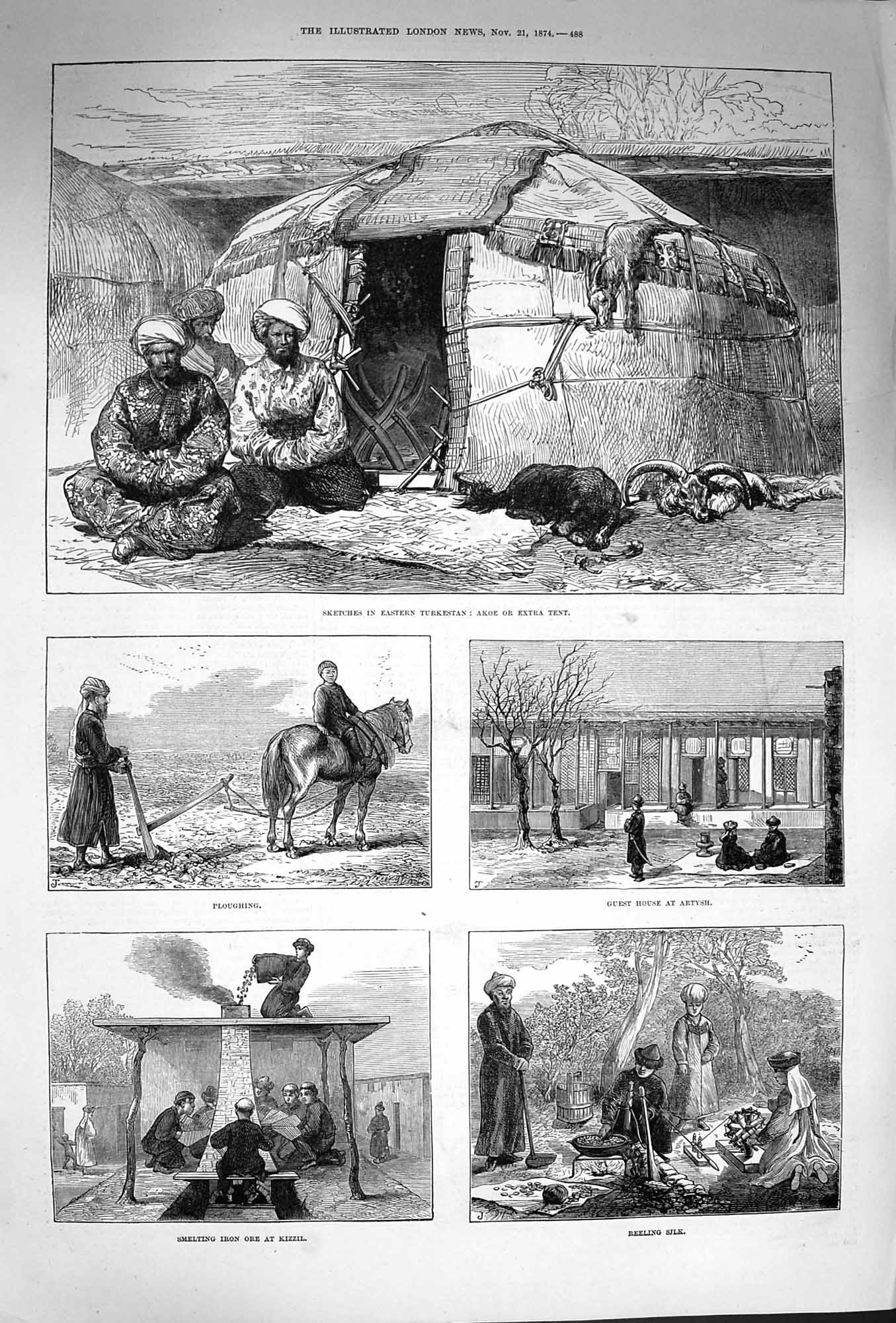 Old Antique Print 1874 Turkestan Akoe Tent Ploughing Kizzil Artysh Silk 19th