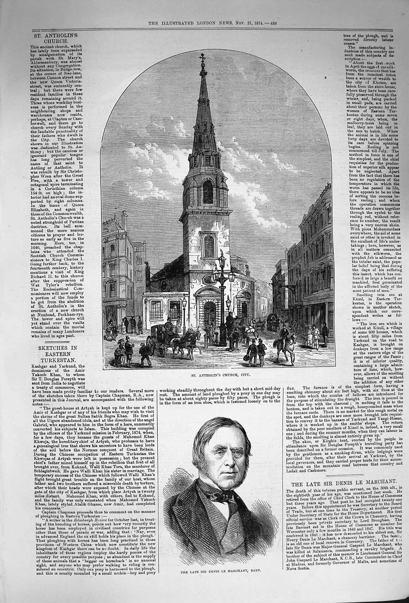Original Old Antique Print 1874 St. Antholin Church City Denis La Marchant Bart