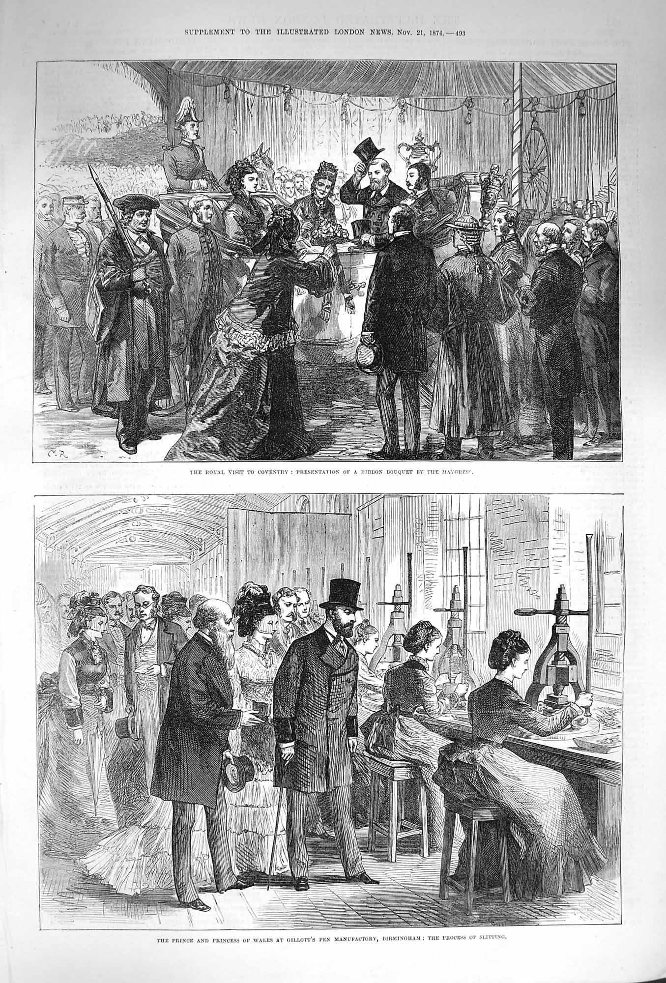 Original Old Antique Print 1874 Prince Wales Gillott Pen Birmingham Coventry