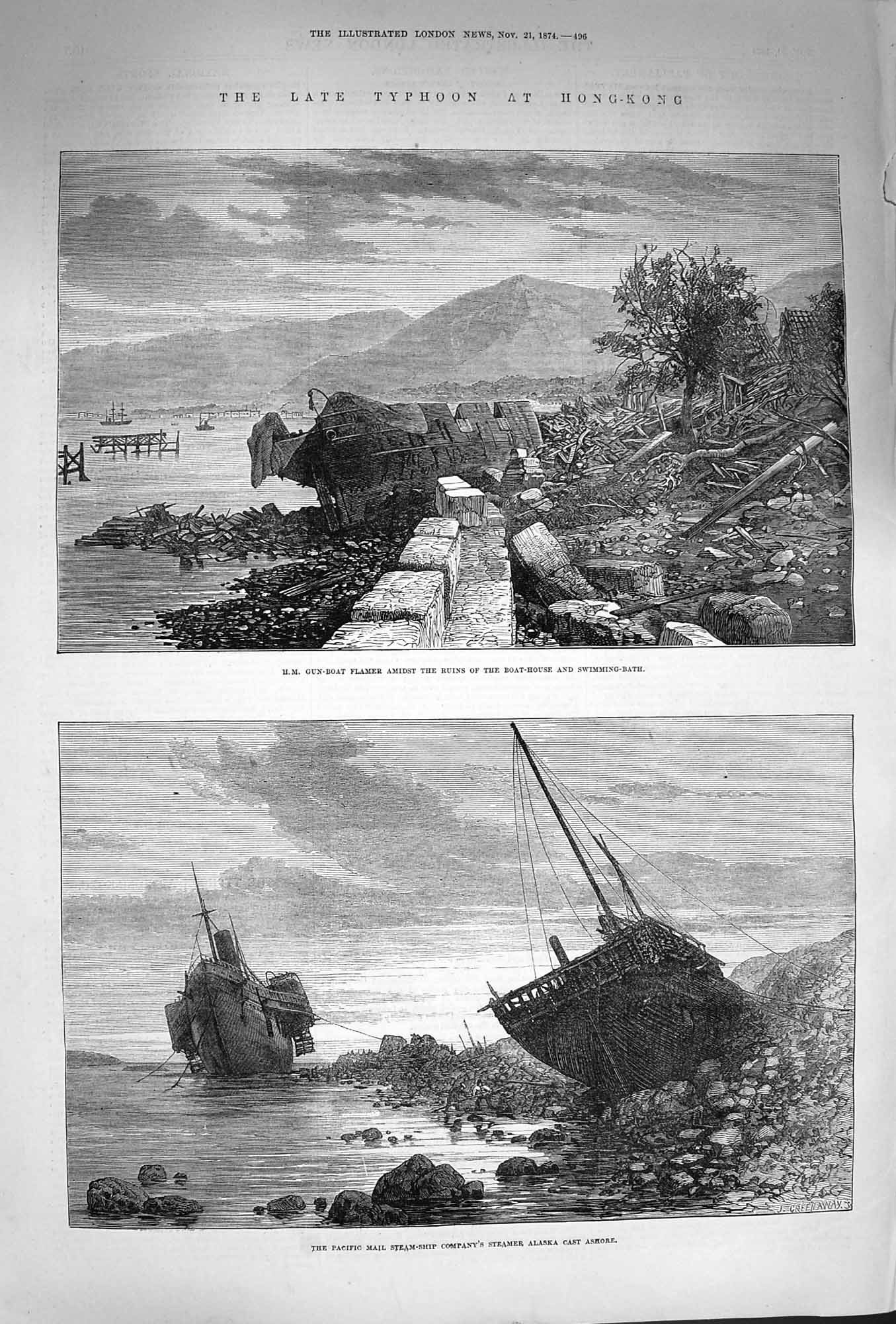 Original Old Antique Print 1874 Typhoon Hong-Kong Ship Falmer Mail Steamer 19th