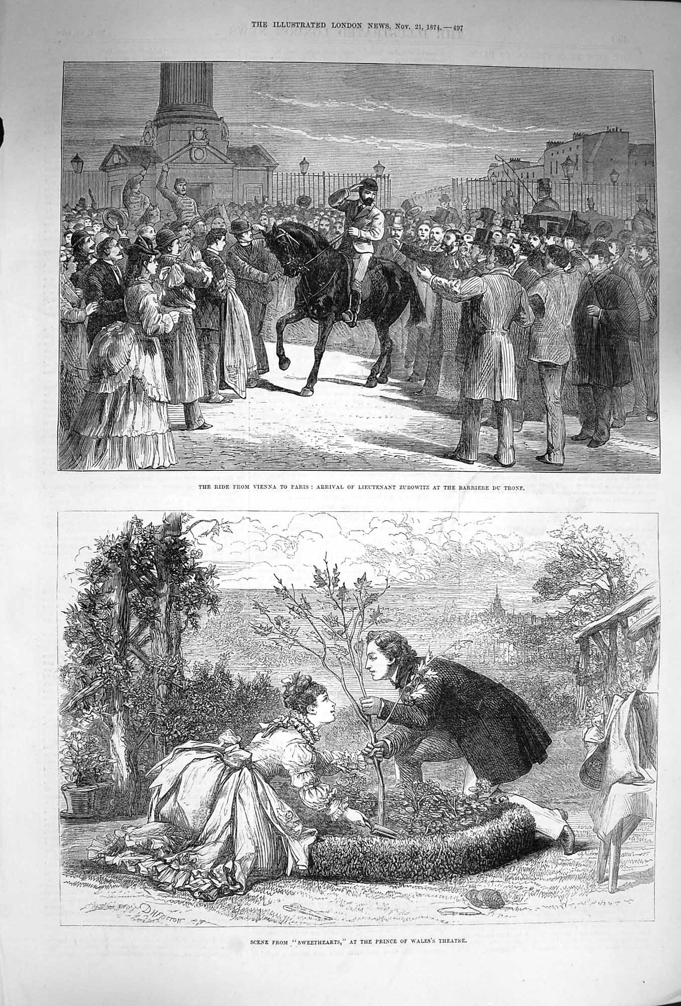 Old Antique Print 1874 Lieutenant Zubowitz Barriere Trone Prince Theatre 19th