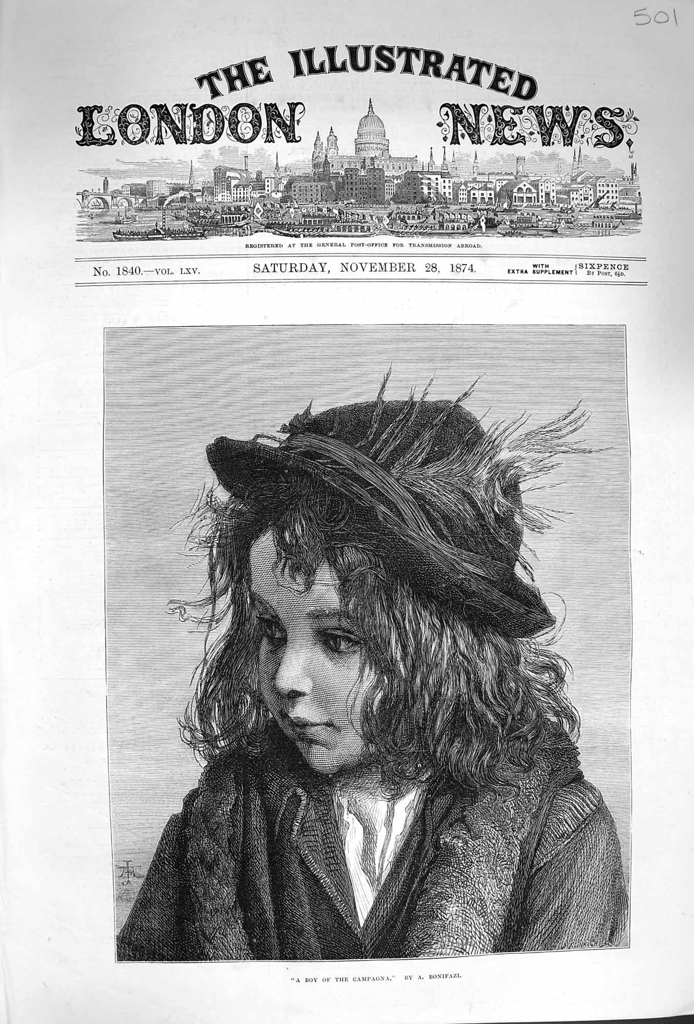 Original Old Antique Print 1874 Portrait Boy Campagna Hat Bonifazi Victorian