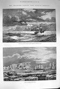 Original Old Antique Print 1874 Ship Cape Challenger Kerguelen Icebergs An 19th