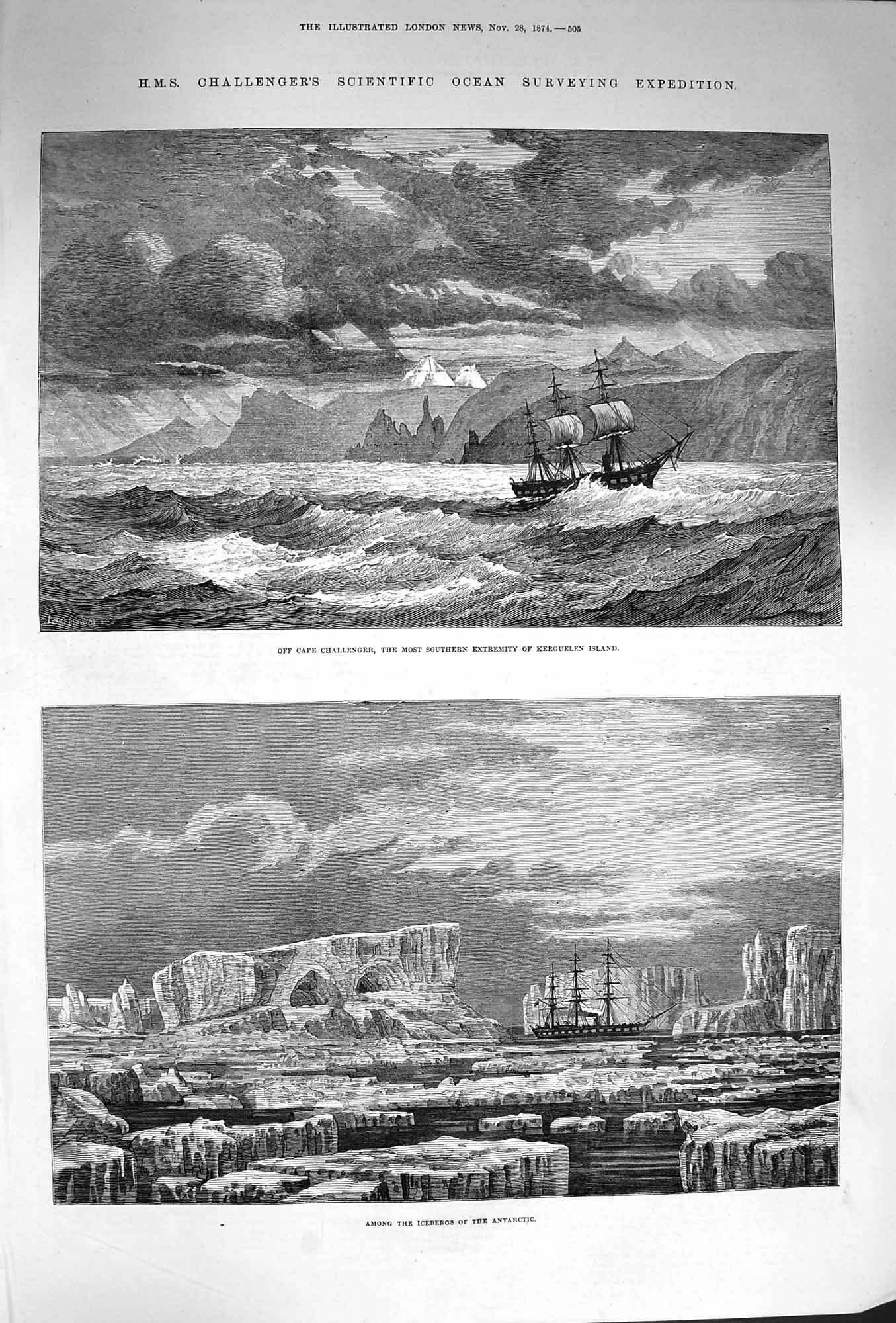 Original Old Antique Print 1874 Ship Cape Challenger Kerguelen Icebergs An 19th