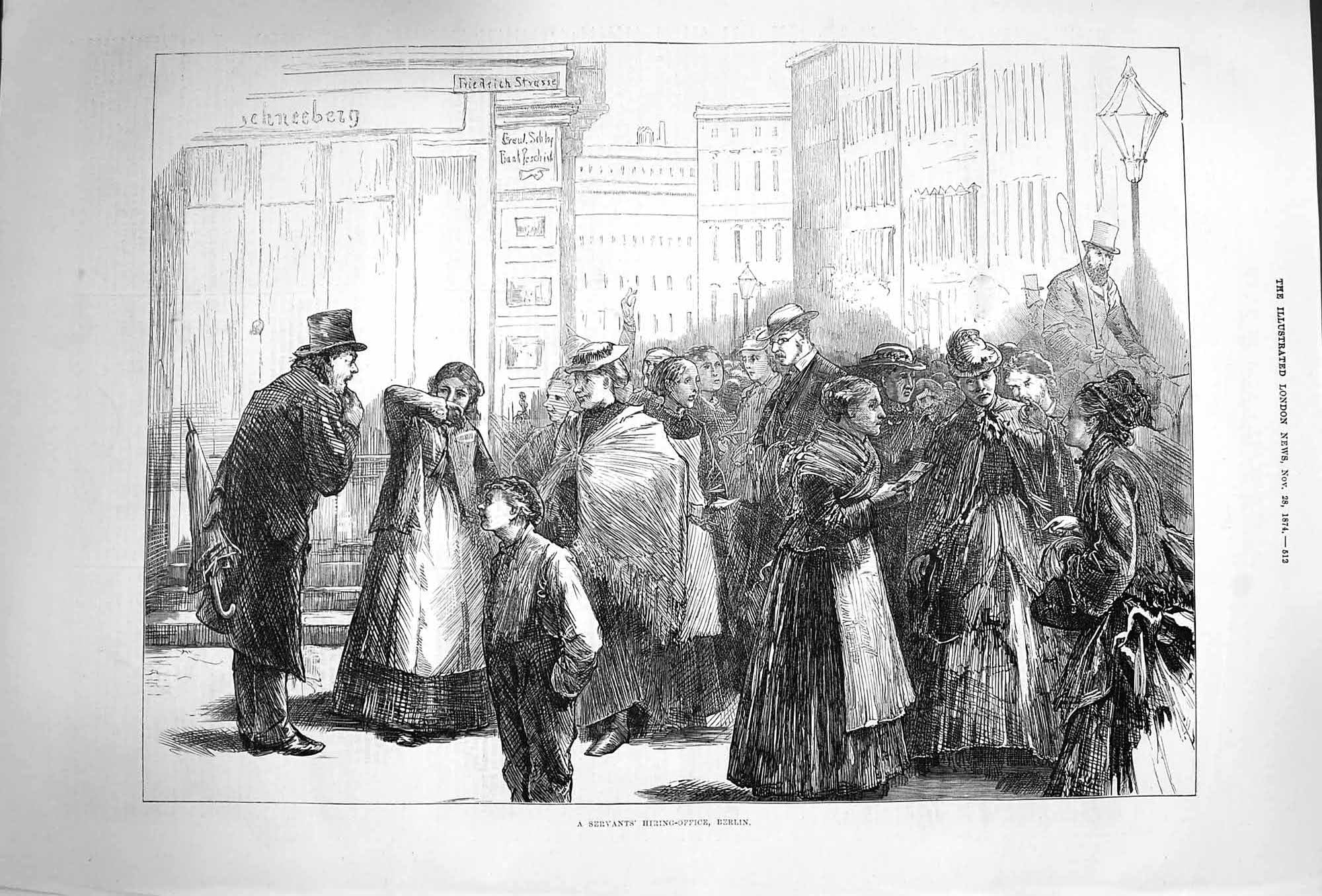 Old Antique Print 1874 Servants Hiring Office Berlin Germany Street Scene 19th