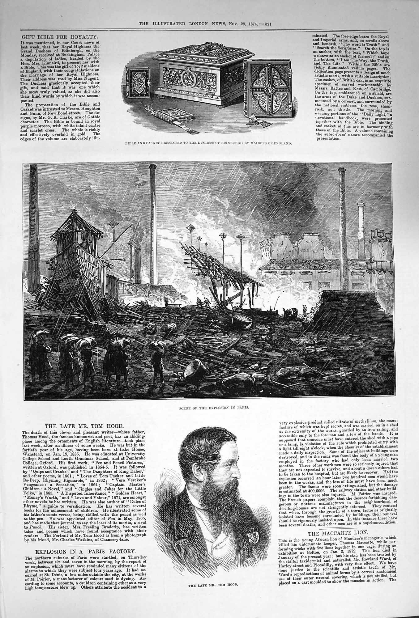 Original Old Antique Print 1874 Tom Hood Explosion Paris Bible Casket Ed 19th