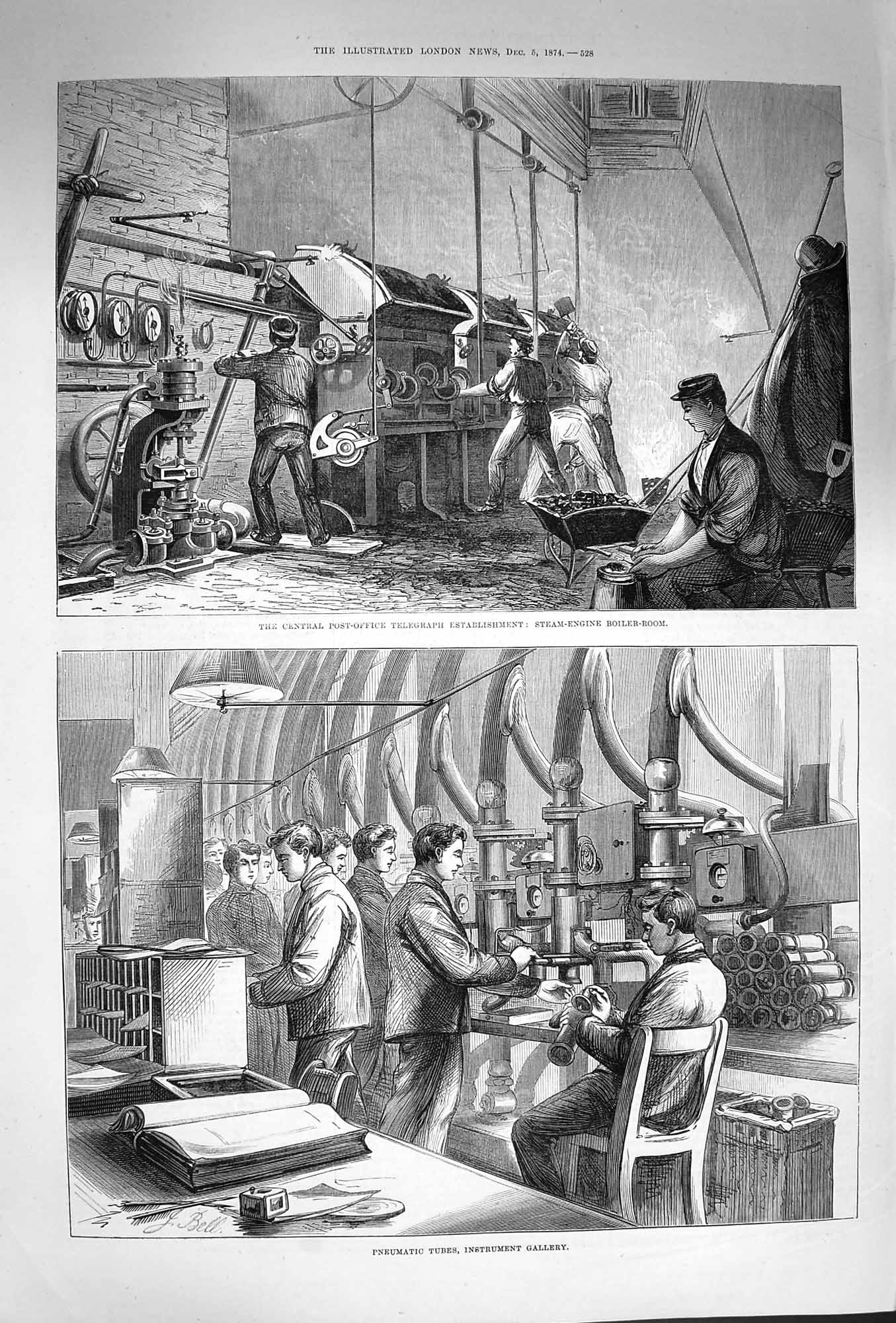 Original Old Antique Print 1874 Post Office Telegraph Pneumatic Tubes Ins 19th