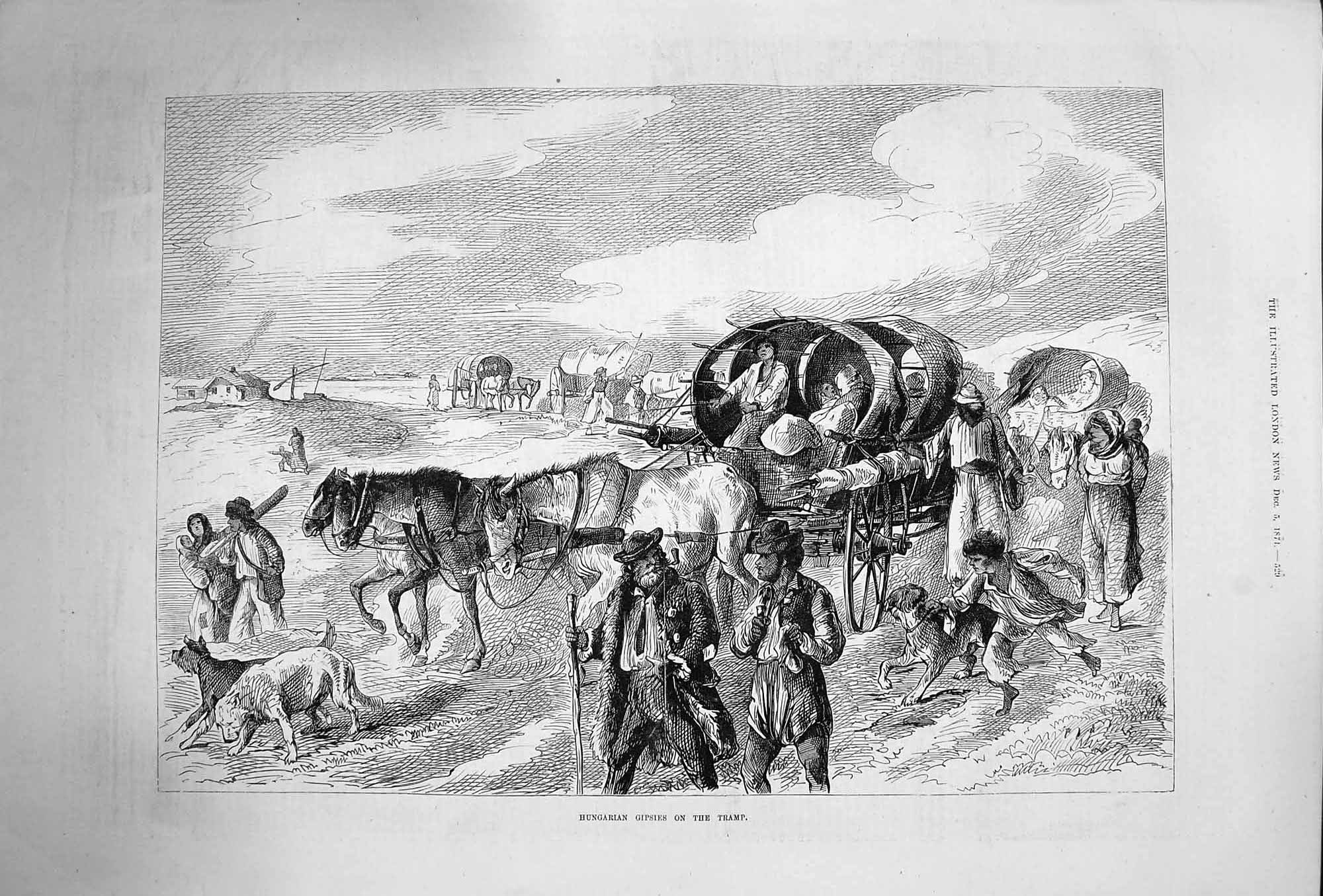 Original Old Antique Print 1874 Hungarian Gipsies Tramp Waggons Horses 19th