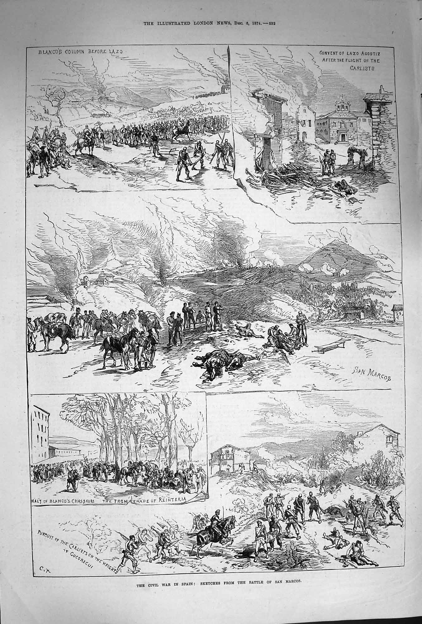 Old Antique Print 1874 Civil War Spain Battle San Marcos Blanco Chasseurs 19th