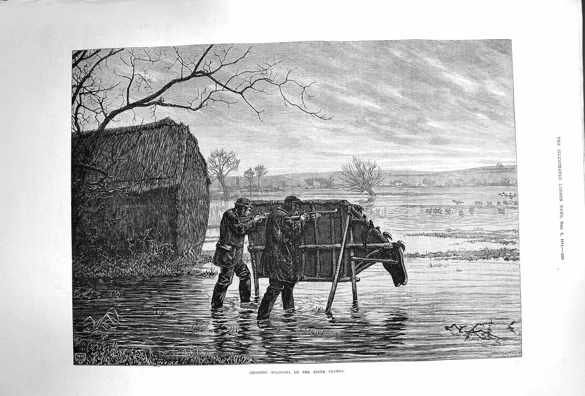Original Old Antique Print 1874 Shooting Wildfowl River Thames Sport Victorian