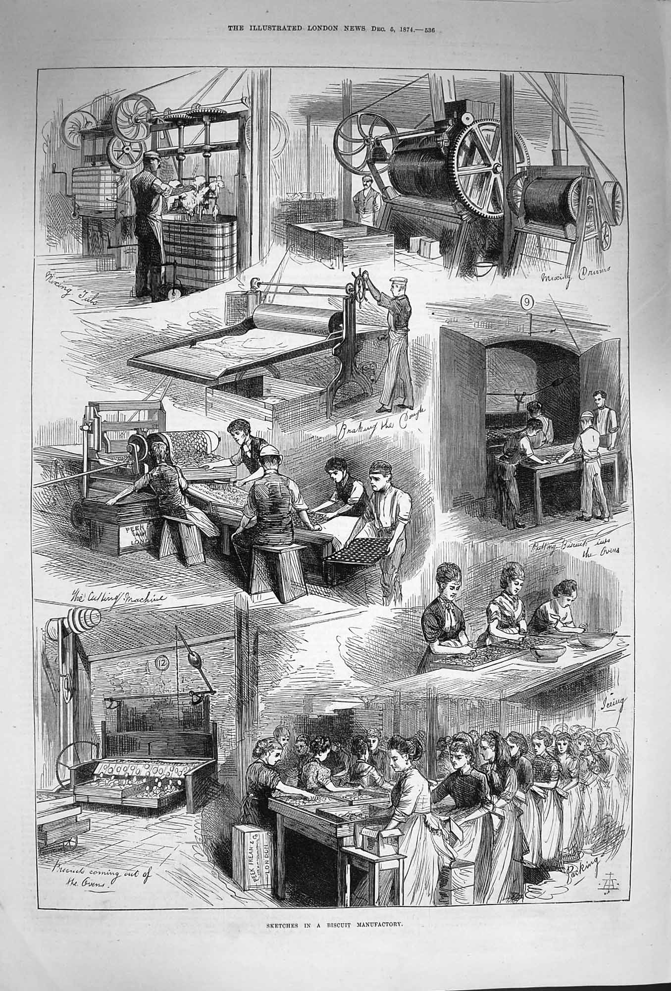 Old Antique Print 1874 Peek Frean Biscuit Manufactory Industry Machinery 19th