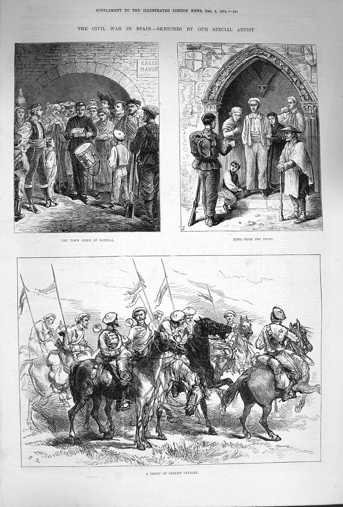 Original Old Antique Print 1874 Civil War Spain Carlist Cavalry Town Crier 19th