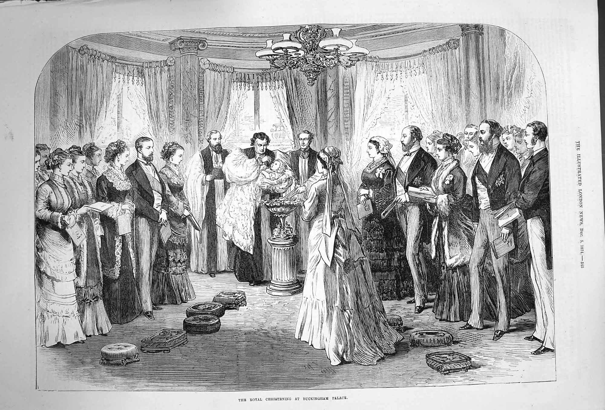 Old Antique Print 1874 Scene Royal Christening Buckingham Palace London 19th