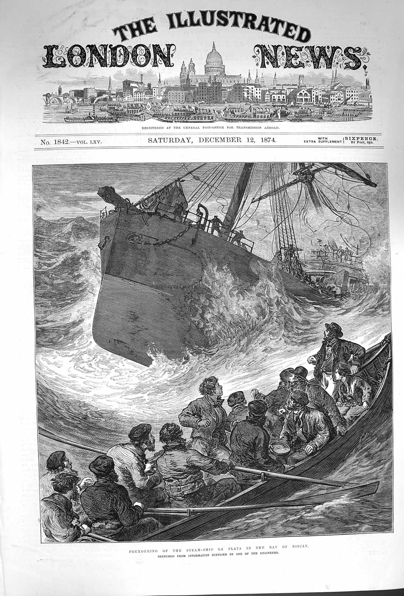 Original Old Antique Print 1874 Foundering Steam Ship La Plata Bay Bisca 19th