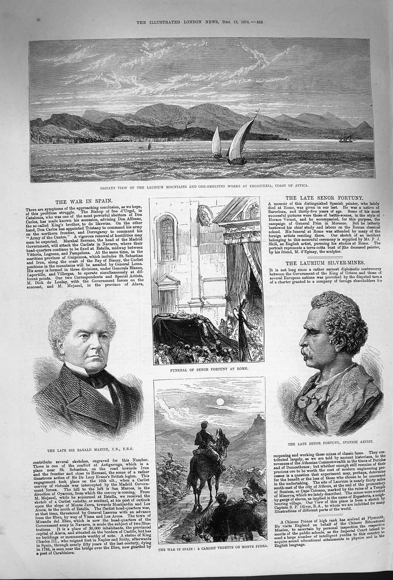 Original Old Antique Print 1874 Laurium Mountains Attica Funeral Fortuny Martin