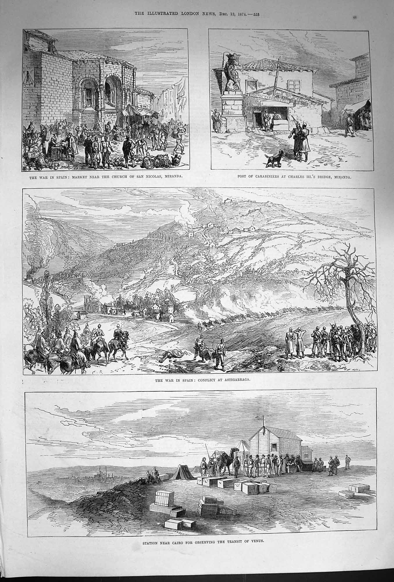 Old Antique Print 1874 Cairo Transit Venus War Spain Astigarraga Miranda 19th