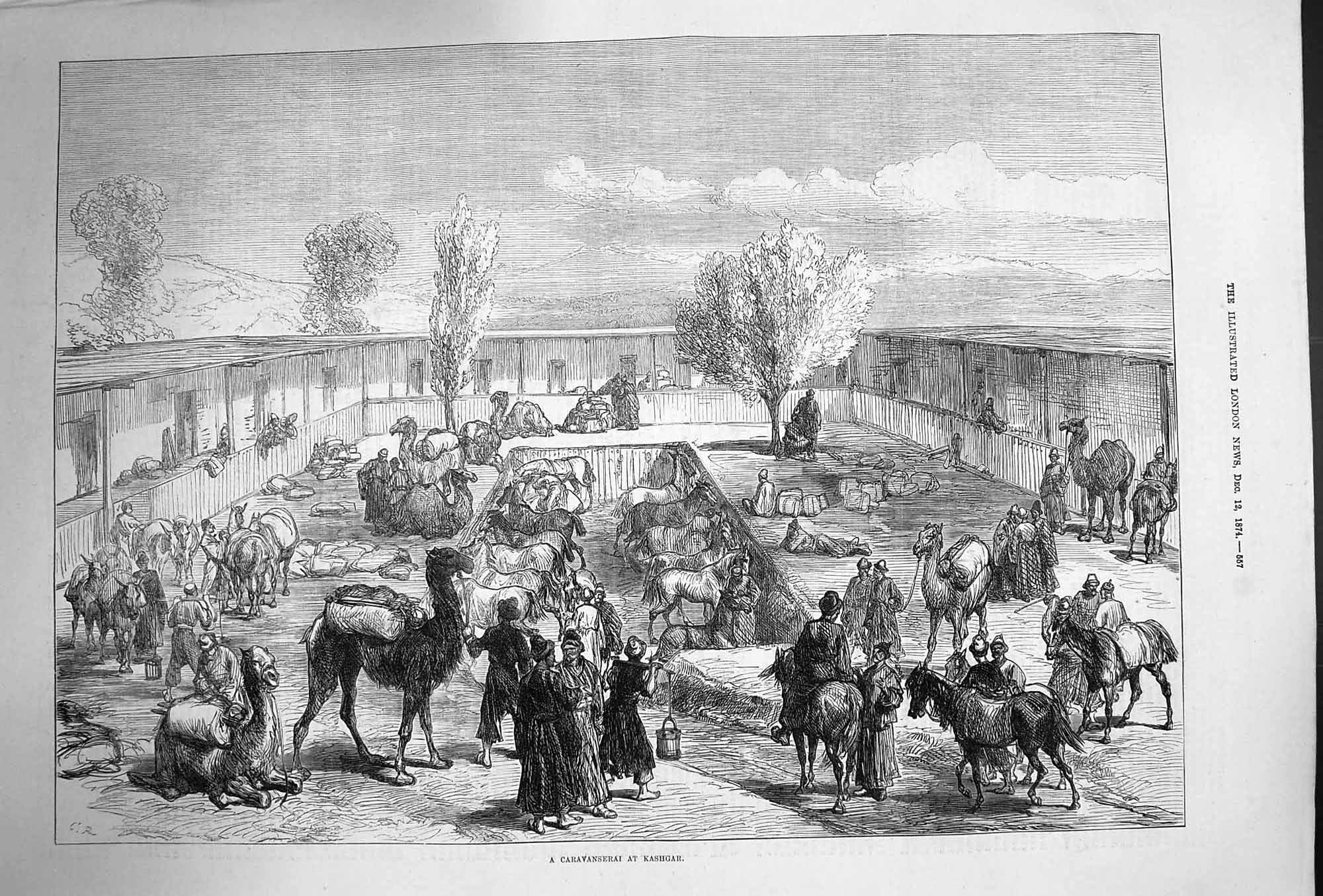 Original Old Antique Print 1874 Caravanserai Kashgar Camels Horses Victorian
