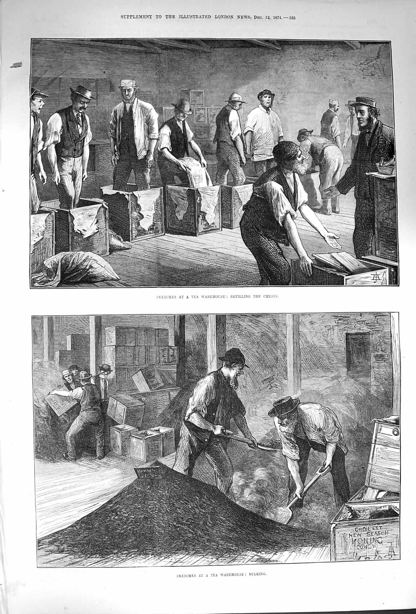 Original Old Antique Print 1874 Tea Warehouse Filling Chests Bulking I Victorian