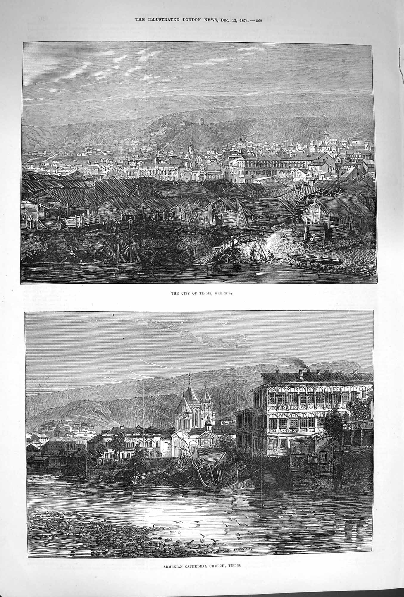 Original Old Antique Print 1874 City Tiflis Georgia Armenian Cathedral Victorian