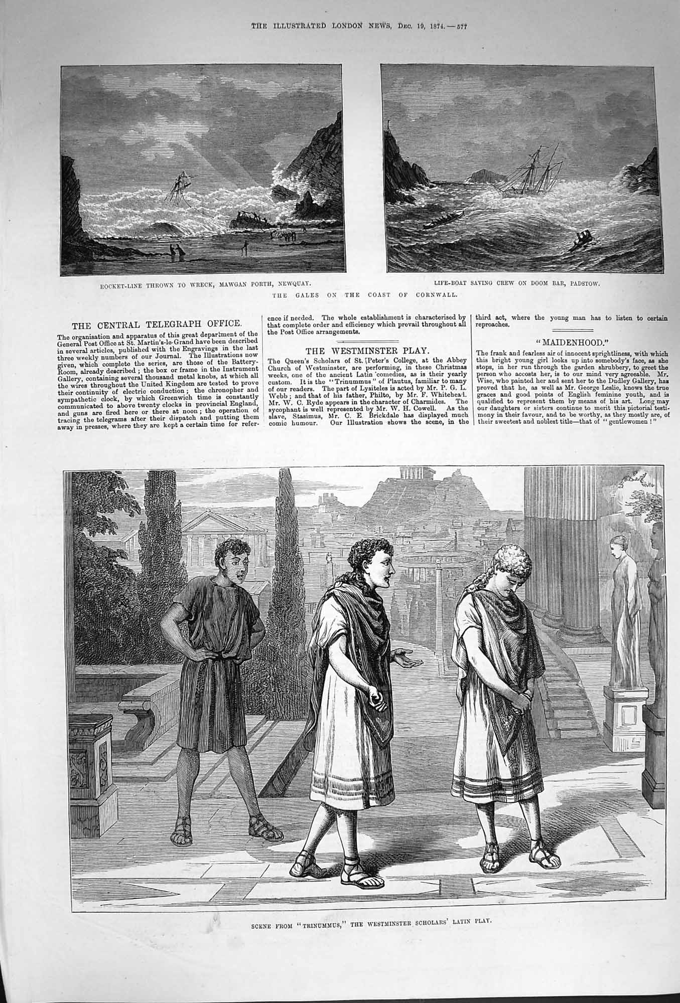 Old Antique Print 1874 Trinummus Theatre Westminster Cornwall Ship Wreck 19th