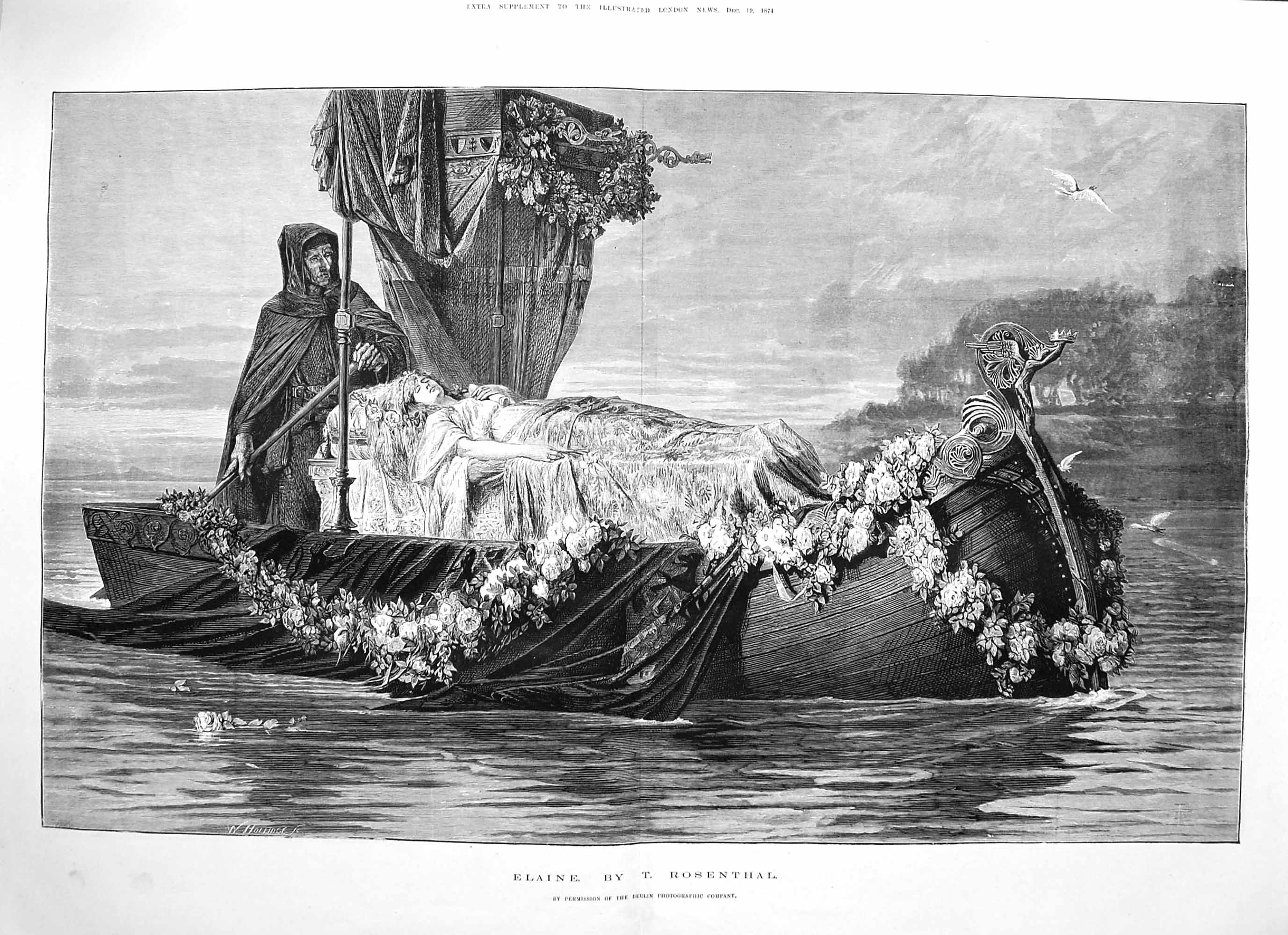 Old Antique Print 1874 Dead Body Boat Elaine Flowers Fine Art Rosenthal 19th