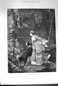 Original Old Antique Print 1874 Forest Glade Woman Dog Trees Carl Hoff Fine Art