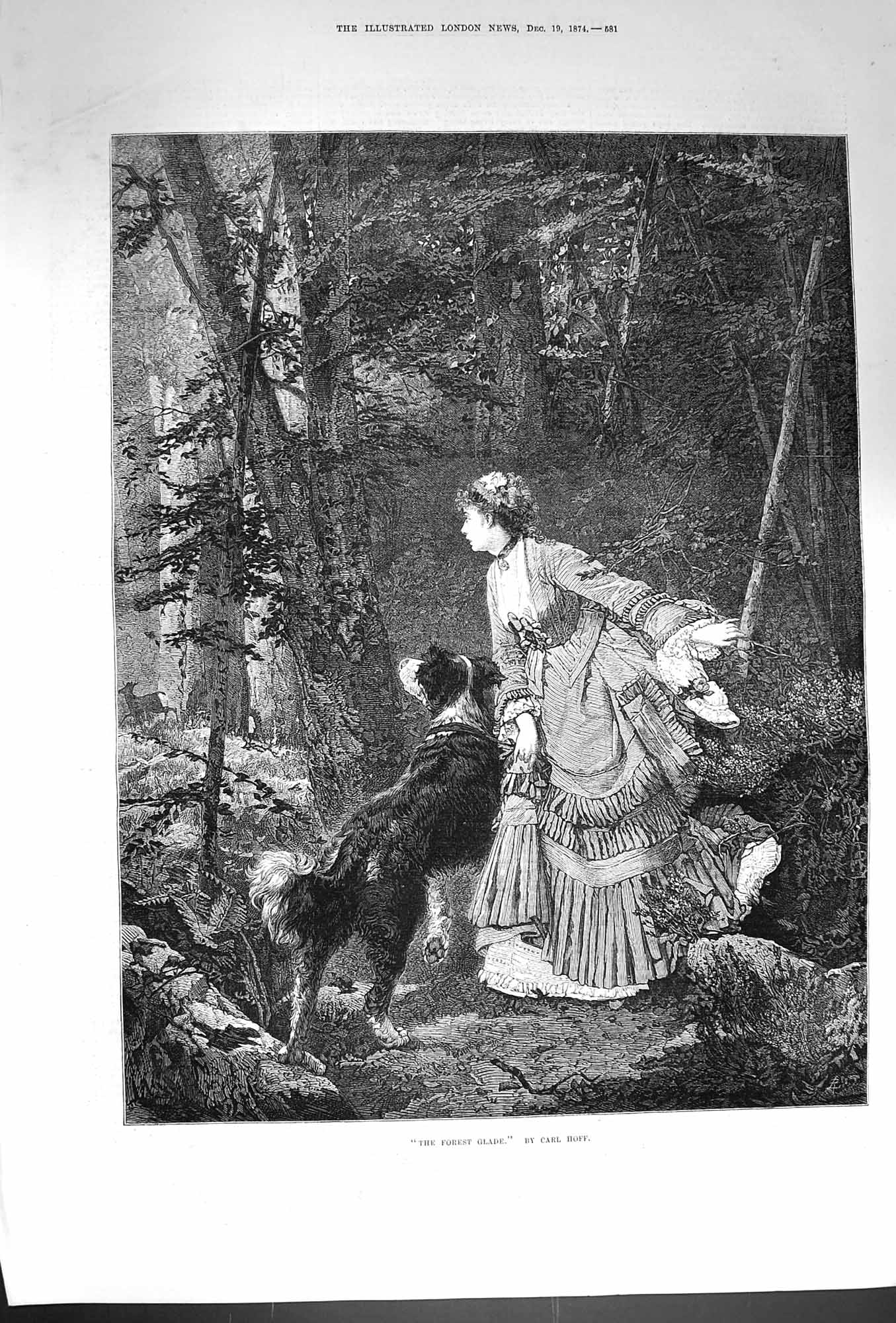 Original Old Antique Print 1874 Forest Glade Woman Dog Trees Carl Hoff Fine Art