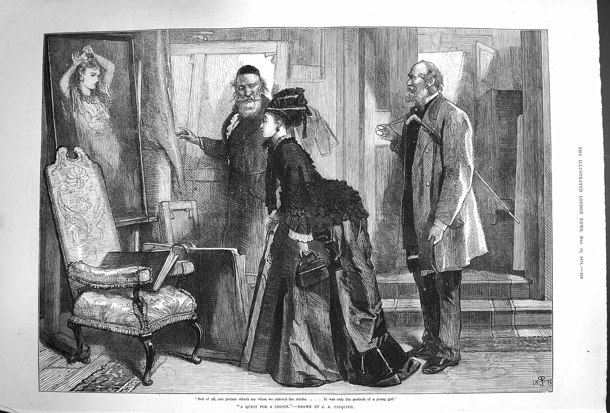 Old Antique Print 1874 Art Studio Painting Portrait Young Girl Pasquier 19th