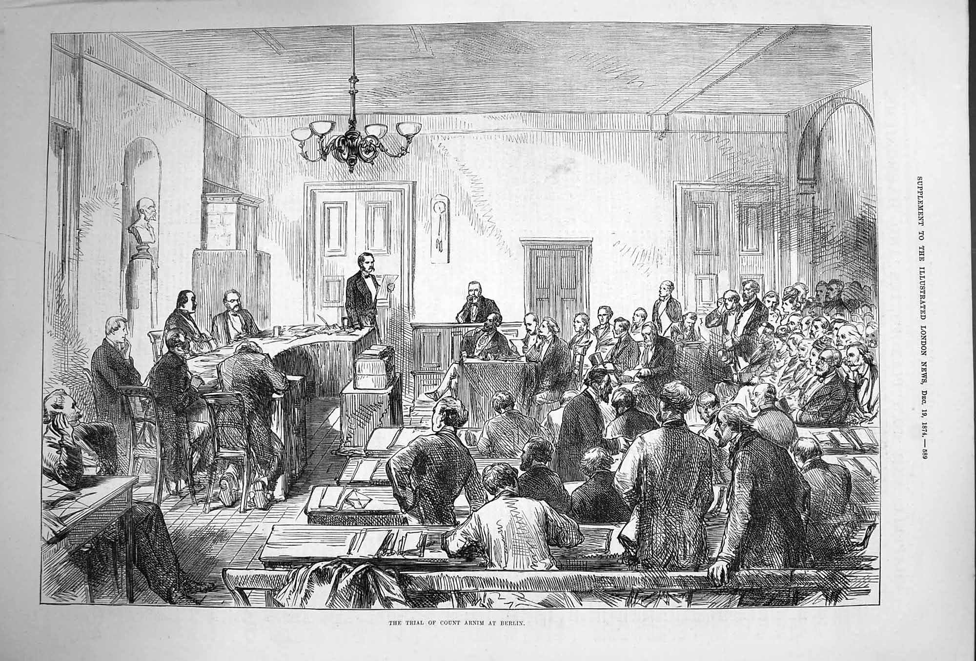 Original Old Antique Print 1874 Trial Count Arnim Berlin Germany Court Scene
