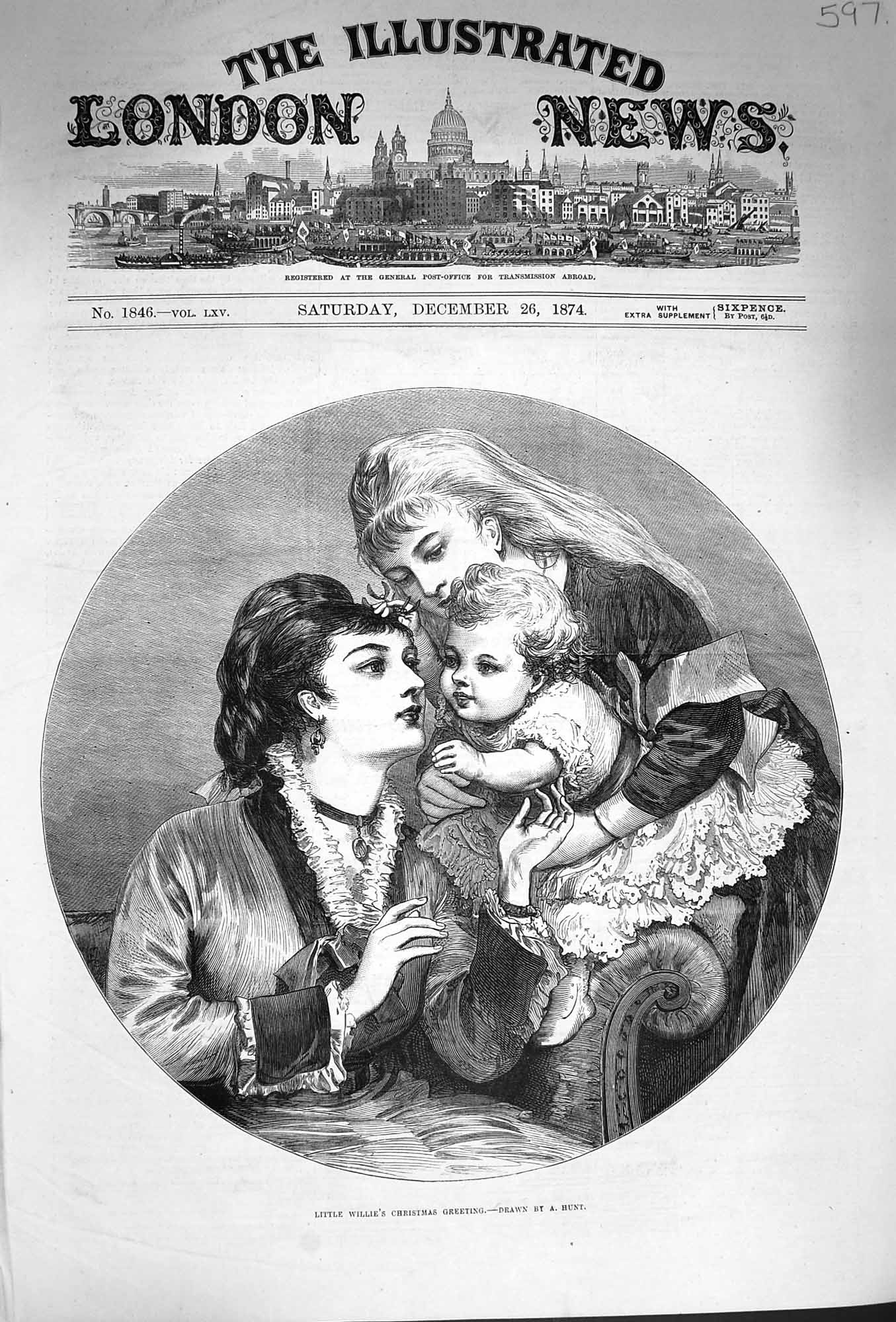 Old Antique Print 1874 Little Willie Christmas Greeting Mother Child Hunt 19th