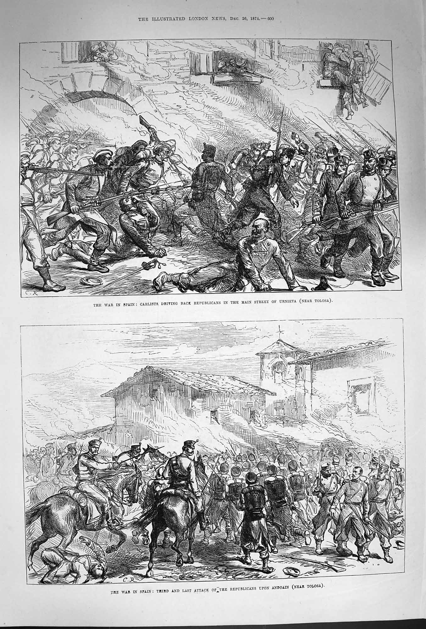 Original Old Antique Print 1874 War Spain Calists Urnieta Republicans Andoain