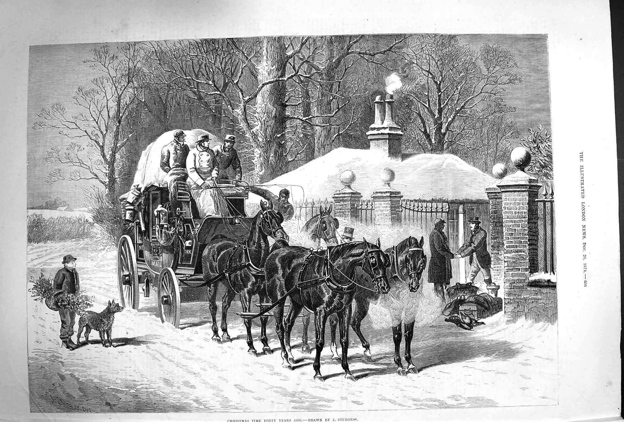 Original Old Antique Print 1874 Christmas Time Horses Carriage Snow S Victorian