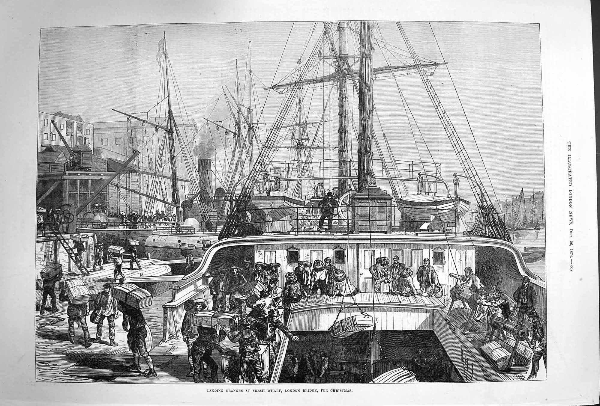 Antique Old Print *3308 1874 Landing Oranges Fresh Wharf London Bridge Ships