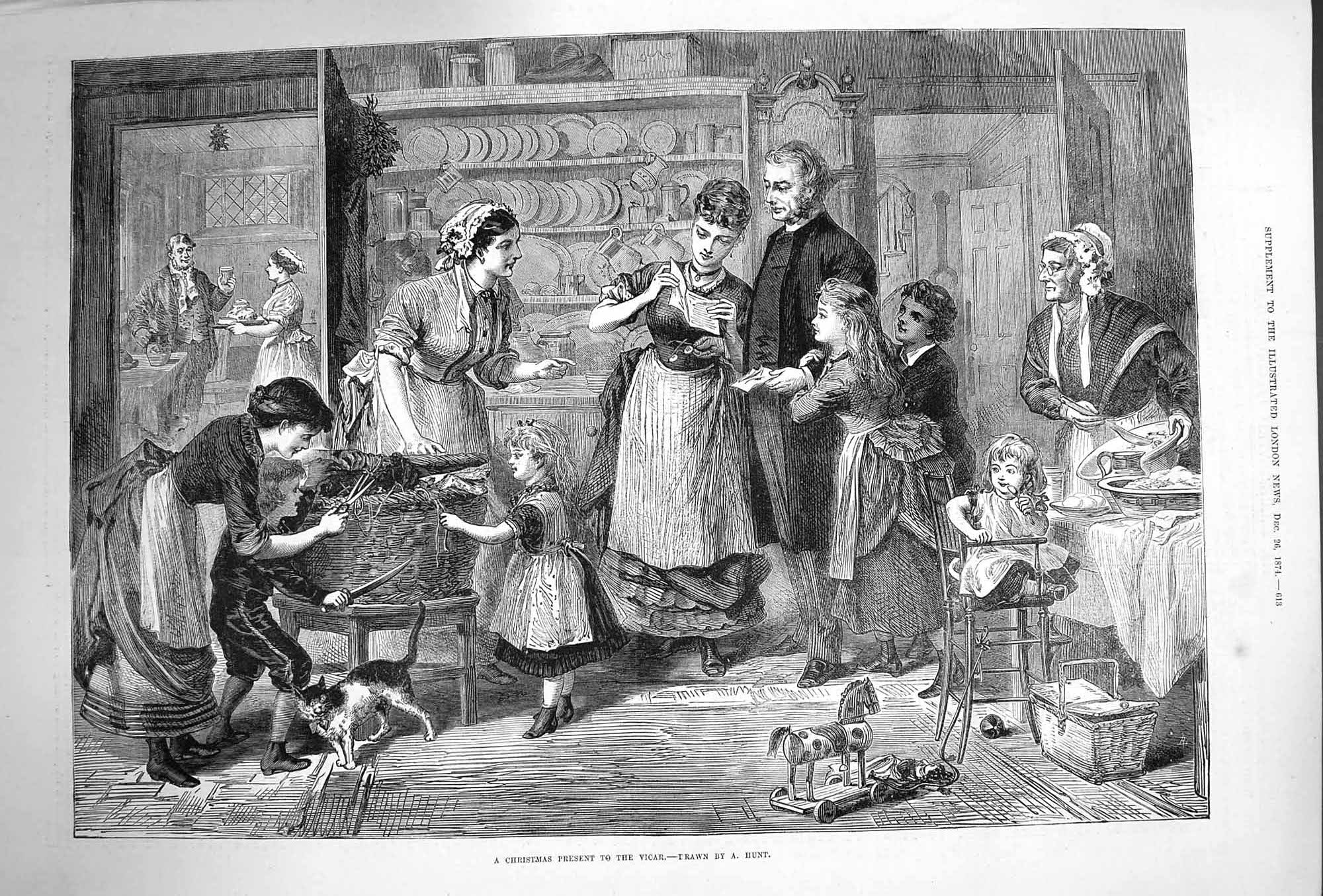 Original Old Antique Print 1874 Christmas Present Vicar Family Home Hunt 19th