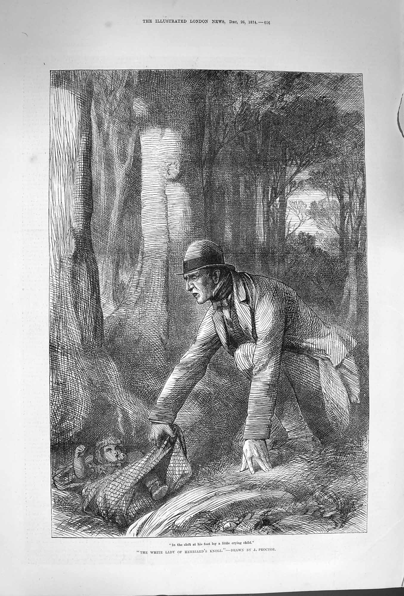 Original Old Antique Print 1874 Man Finding Little Baby Woods Herriard'S Knoll