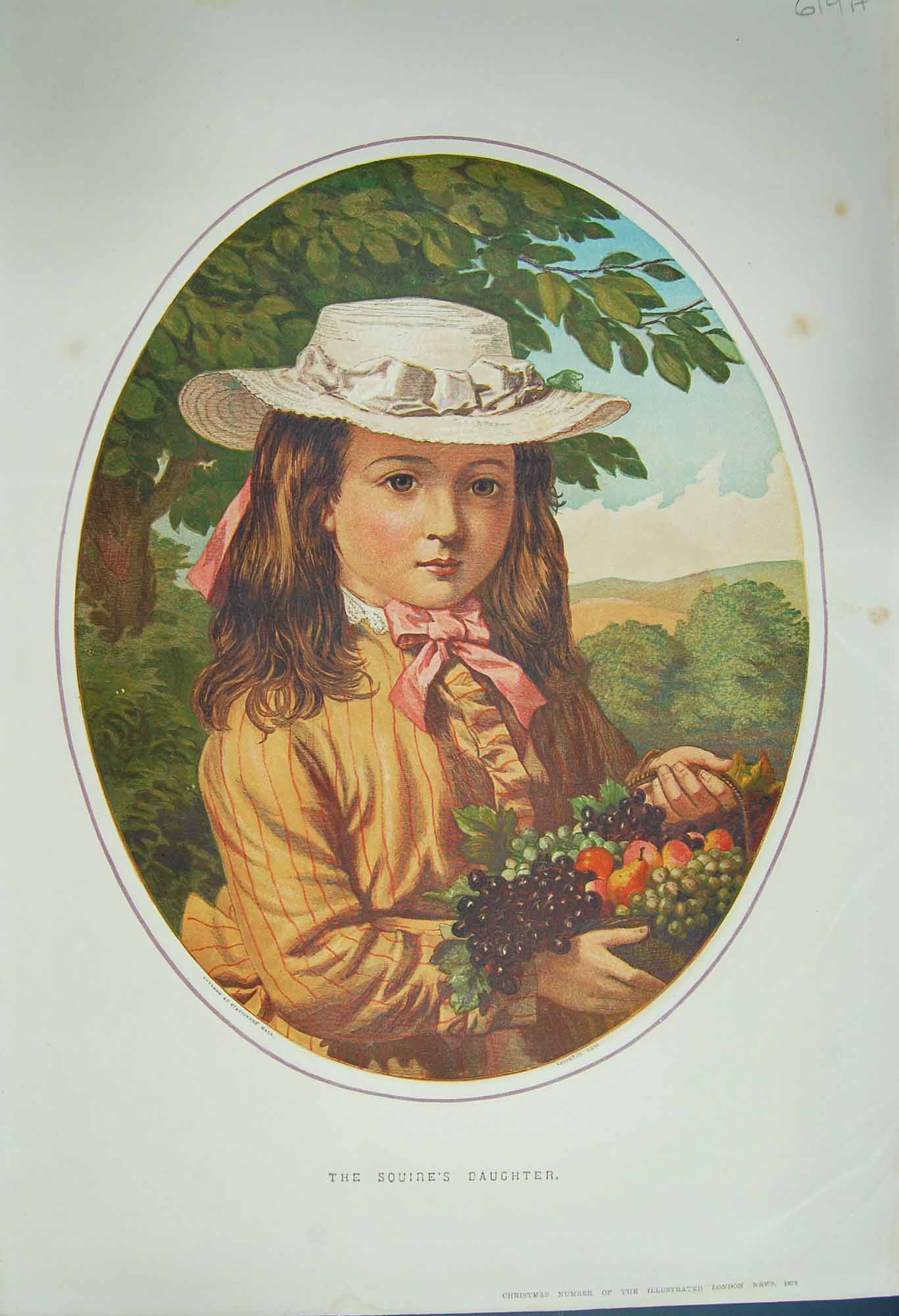 Original Old Antique Print 1874 Colour Portrait Squire'S Daughter Fruit Basket