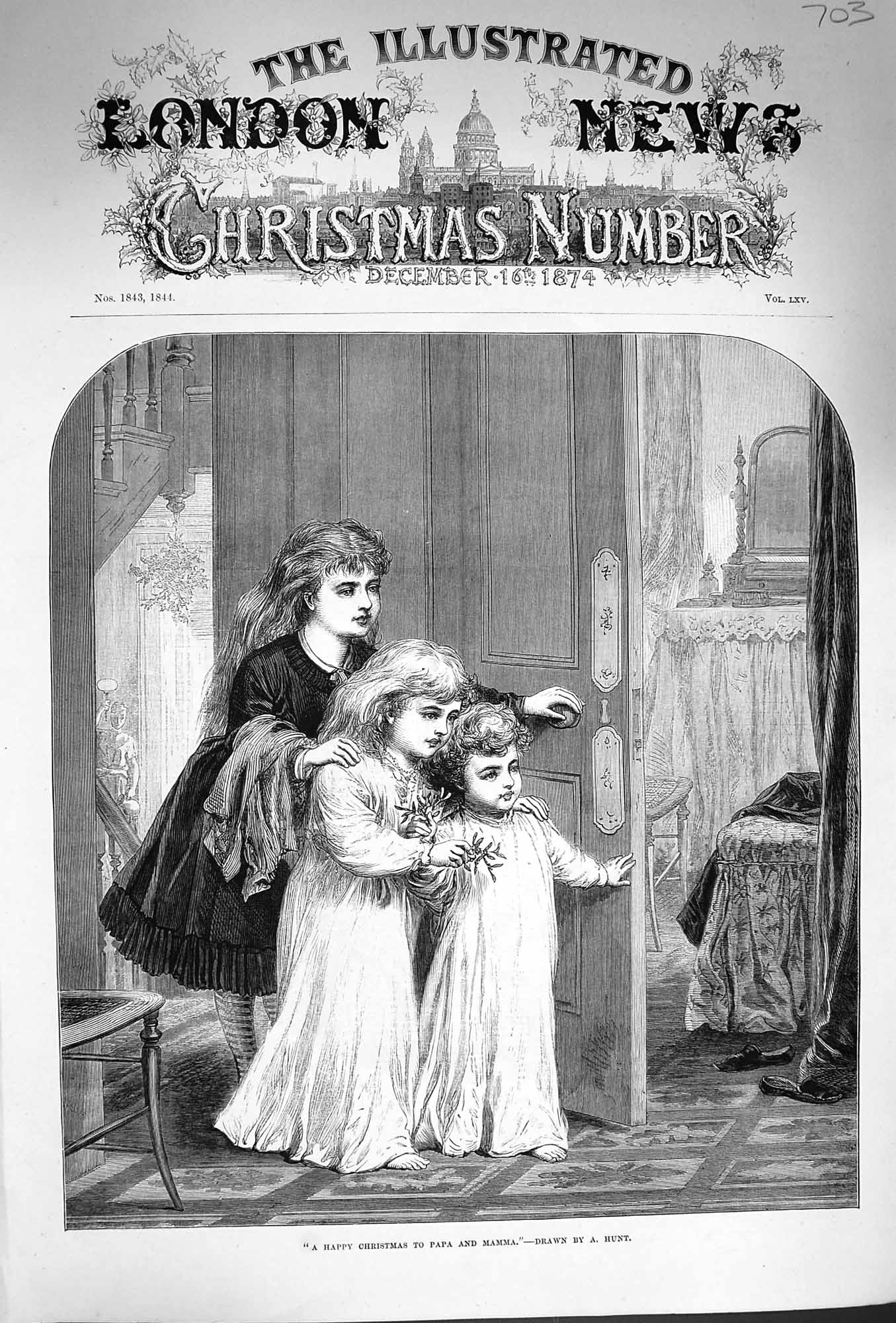 Original Old Antique Print 1874 Children Happy Christmas Mamma Papa Mistletoe