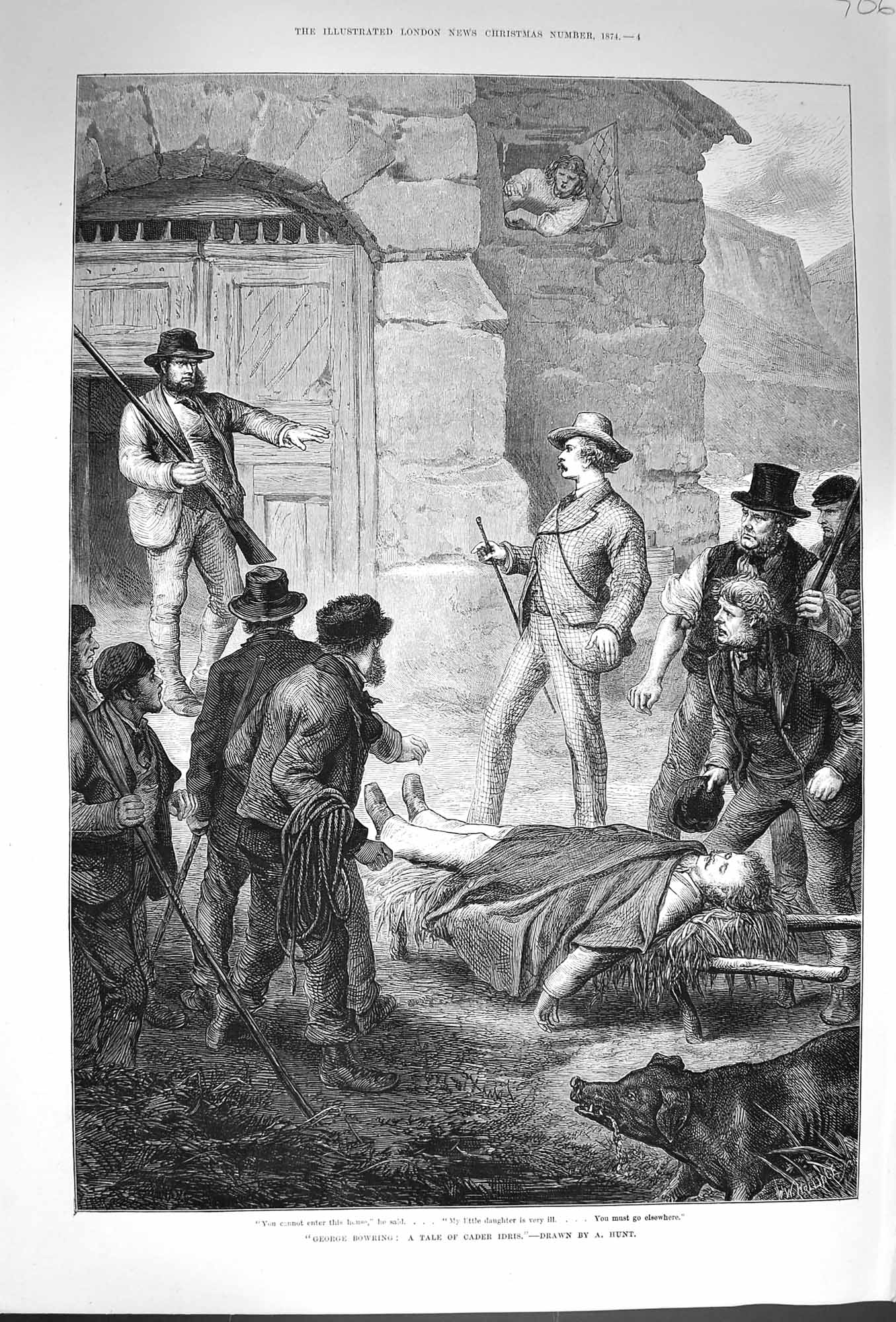 Old Antique Print 1874 Injured Man Stretcher George Bowring Cader Idris 19th