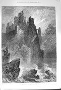 Original Old Antique Print 1874 Sea King'S Castle Rocks Cliffs Sea F Victorian