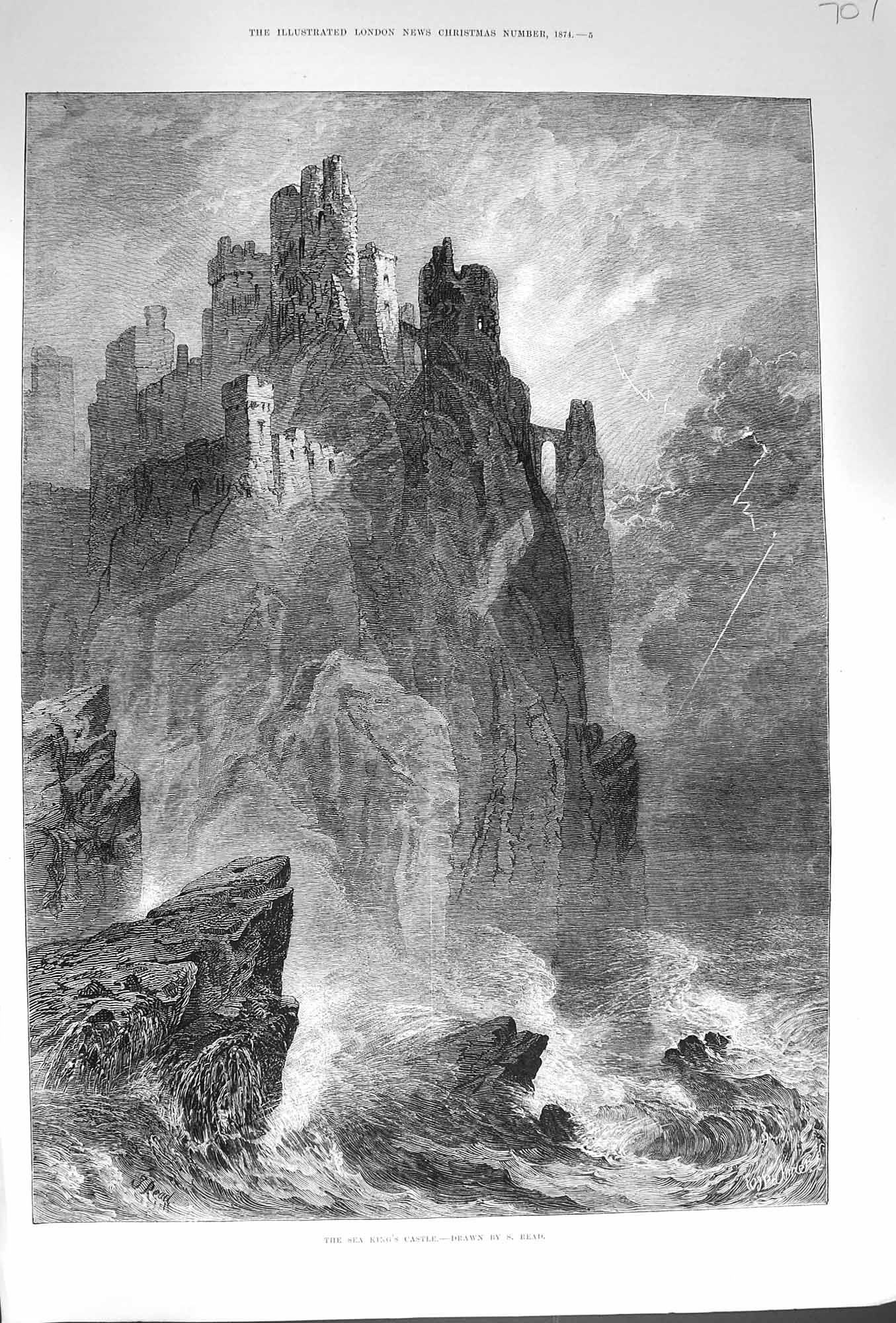 Original Old Antique Print 1874 Sea King'S Castle Rocks Cliffs Sea F Victorian