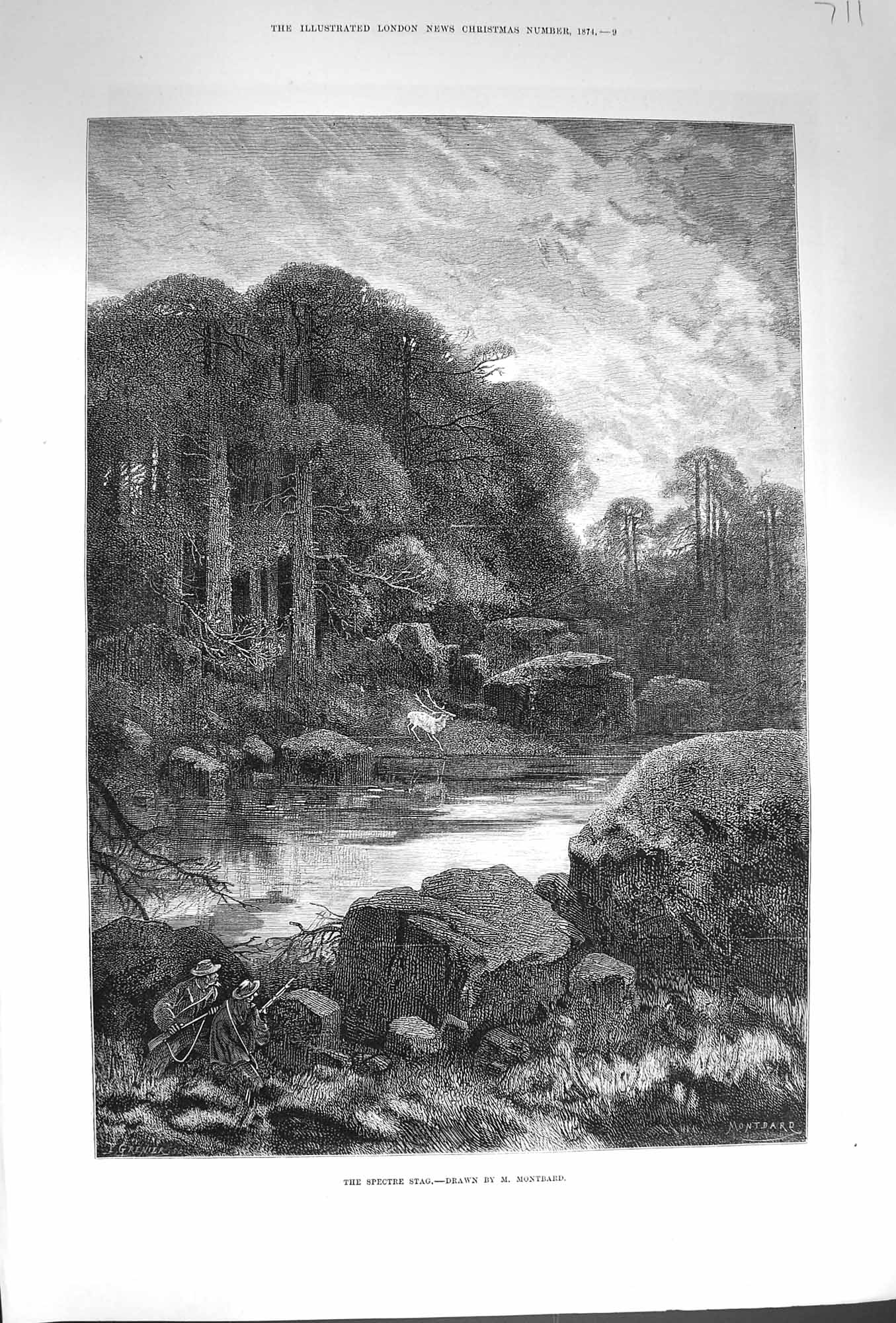 Old Antique Print 1874 Spectre Stag Trees River Hunting Shooting Fine Art 19th