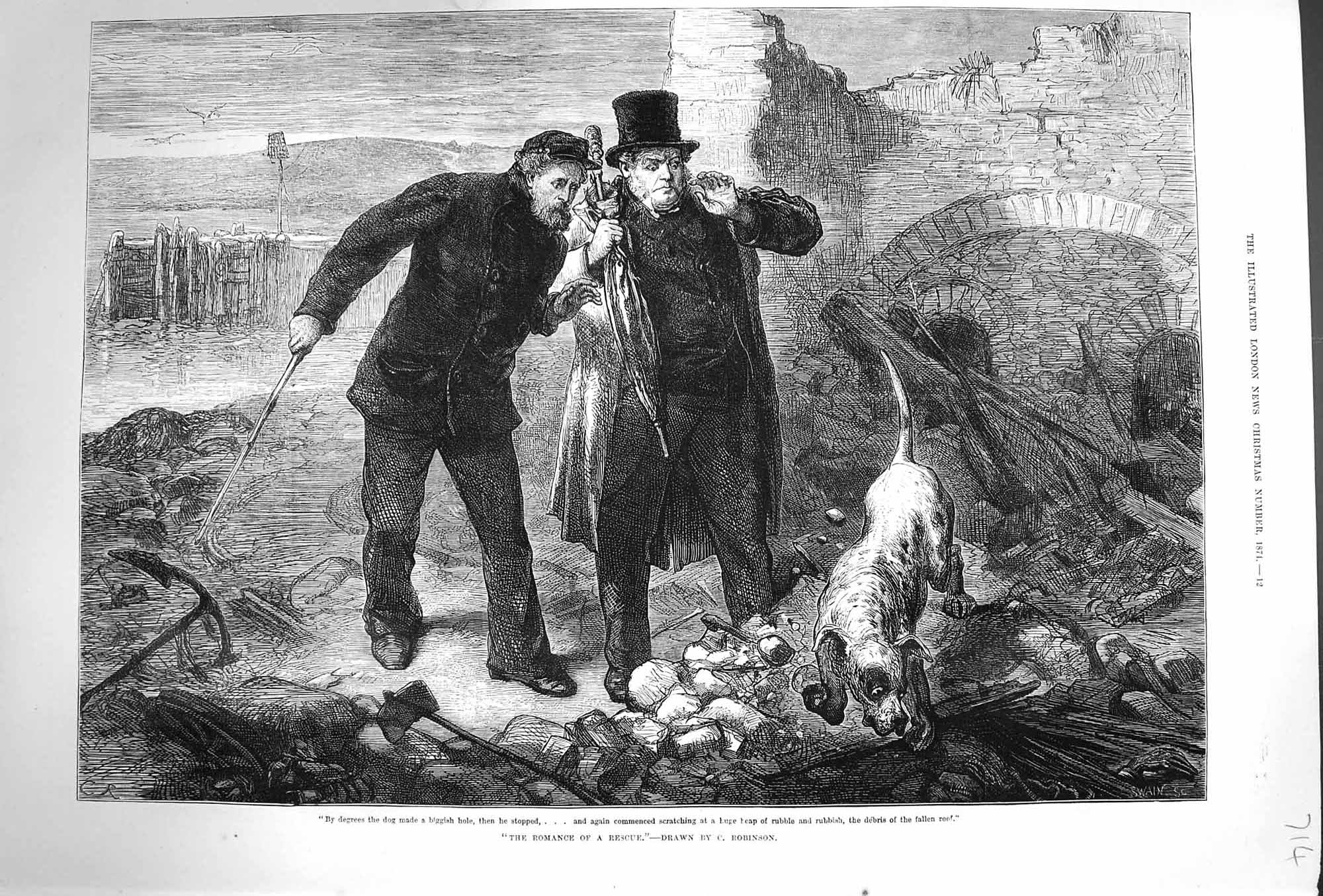 Original Old Antique Print 1874 Romance Rescue Dog Searching Rubble Men F 19th