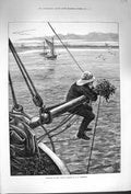 Original Old Antique Print 1874 Christmas Wave Sea Ship Mistletoe Robertson Art