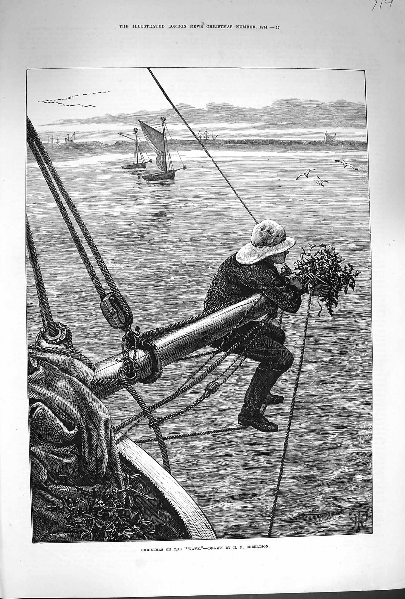 Original Old Antique Print 1874 Christmas Wave Sea Ship Mistletoe Robertson Art