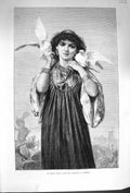 Original Old Antique Print 1874 Le Pigeons Blancs Beautiful Girl Birds Lecomte